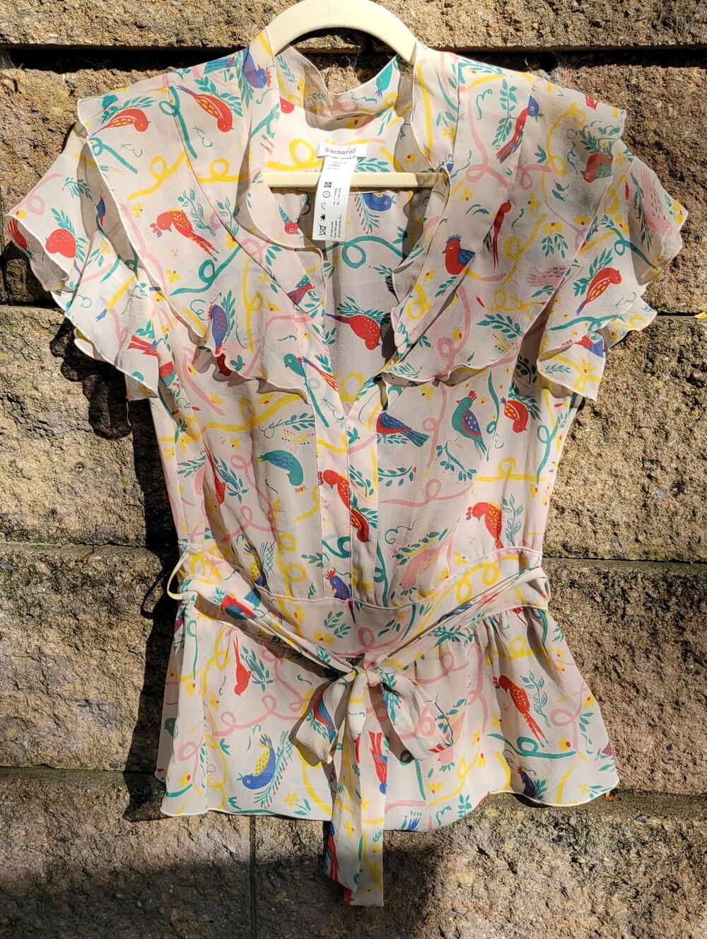 Vintage CACHAREL PARIS Silk Blouse sheer ruffle peplum BIRDS & Ribbon Sz 38 MEDI